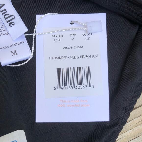 Andie NWT The Bold Banded Cheeky Rib Flattering Bikini Bottom Black Medium - Picture 13 of 16